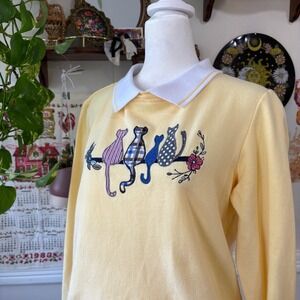Vintage Cat Sweater Women SM 80s Butter Yellow Collar Sweatshirt Patchwork NWOT